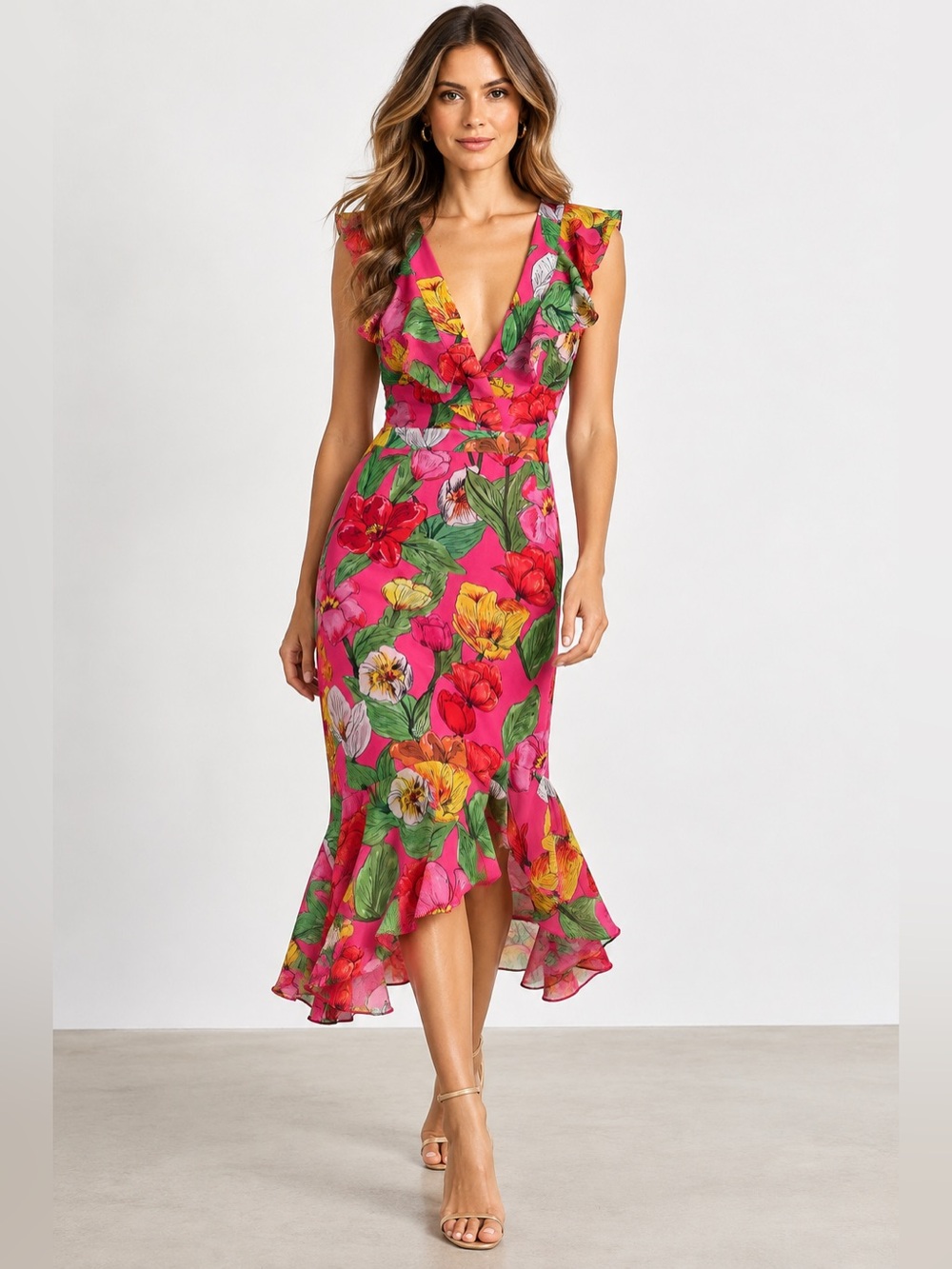 Milly Nanci Tulip Rosette Floral Ruffle Midi Dress Pink Size 12